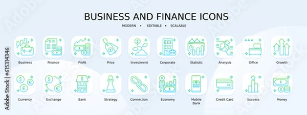 Obraz Business and finance icon collection with blue and green gradient outline style. interface, isolated, investment, stroke, lined, infographic, graph. Vector Illustration