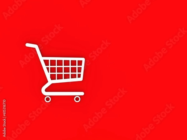 Fototapeta grocery cart from supermarket isolated on red background. shopping and sale symbol. the concept of wholesale sales and purchases. Horizontal image.