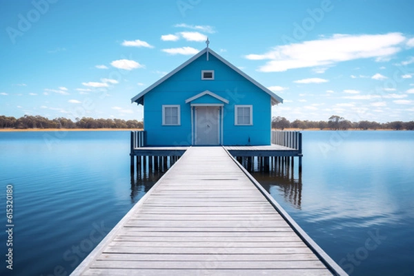 Fototapeta Crawley Edge Boatshed, Australian boat station with long wooden pier and bright blue river. Generative AI content