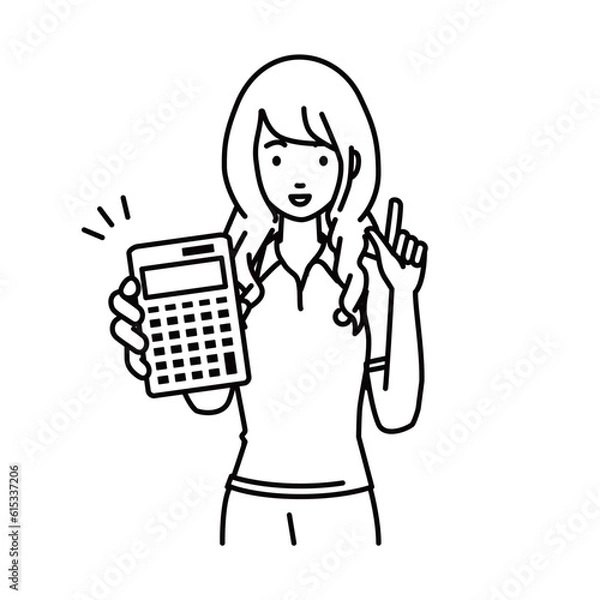 Fototapeta 立って電卓を持ってこちらに向けて見せているポロシャツの女性