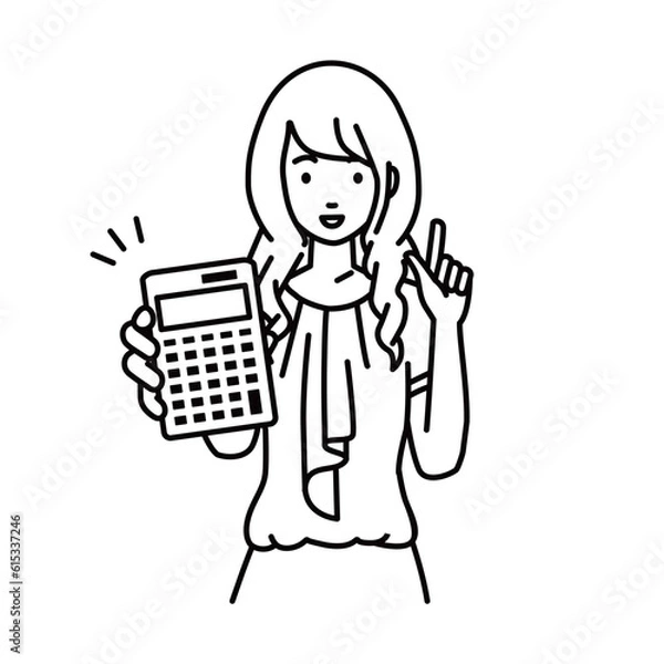 Fototapeta 立って電卓を持ってこちらに向けて見せているオフィスカジュアルの女性