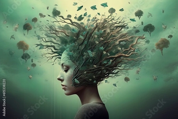 Fototapeta Womens head portrait and flowing thoughts