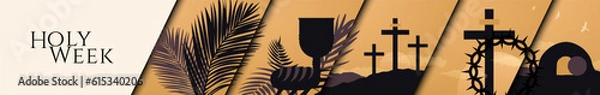 Fototapeta Holy Week Theme Horizontal Header. Palms, chalice and bread, three crosses on mountains, cross with crown of thorns, open tomb.  Vector Illustration. EPS 10.