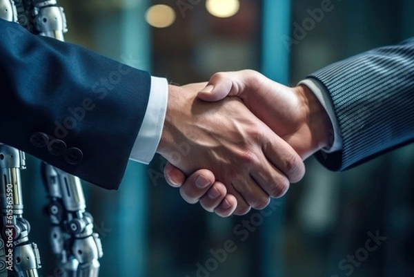 Fototapeta Men handshake on digital background, AI and machine learning business 