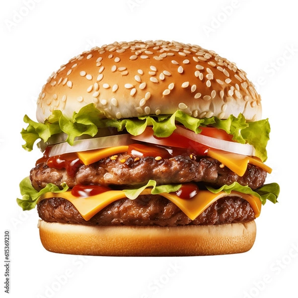 Obraz Tasty double beef burger isolated on transparent white background. Big fresh juicy cheeseburger fastfood with beef patty, tomatoes, cheese, cheddar, lettuce, ketchup for menu. generative ai