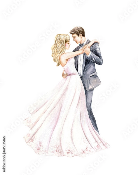 Obraz Wedding couple, bride and groom dance. Happy just married young people. Watercolor art. Hand drawn illustration isolated on white background. For invitation, save the date, card design.