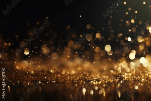 Fototapeta Glitter defocused abstract Twinkly Lights with golden dust and shine. Bright futuristic luxury for Christmas and party backdrop. AI Generative.