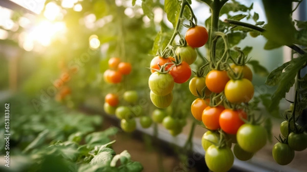 Fototapeta 
Tomatoes growing in greenhouse, background with space for text, copy space, generative AI

