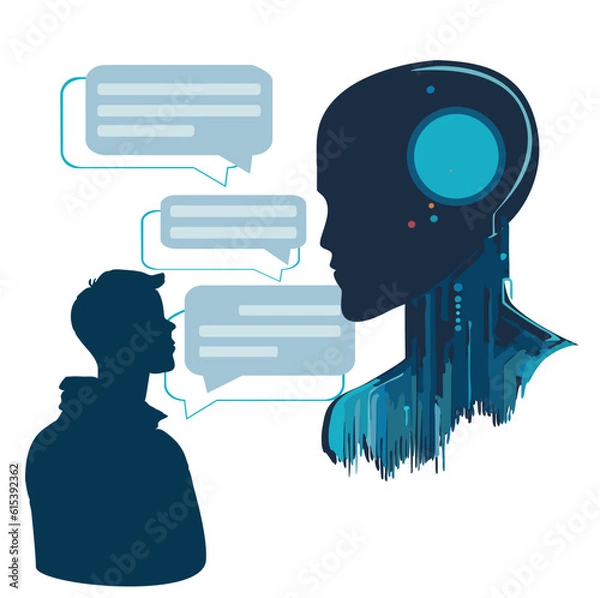 Obraz Chat bot concept. Man chatting online with chat bot. The use of artificial intelligence in everyday life. Human interaction with neural networks. Modern vector illustration isolated on white