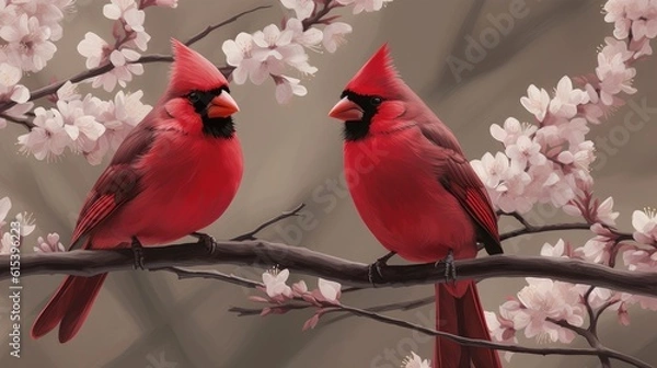 Fototapeta Two charming birds standing on cherry blossom tree branch together. Generative AI
