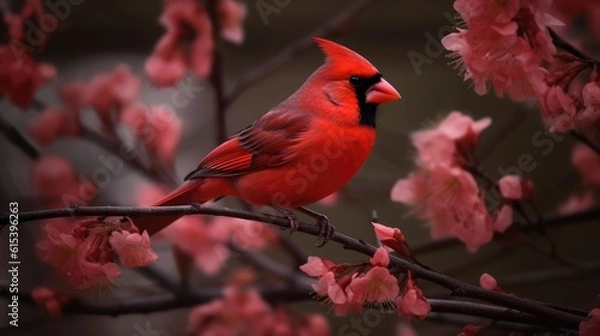 Fototapeta Charming bird standing on cherry blossom tree branch. Spring time. Generative AI