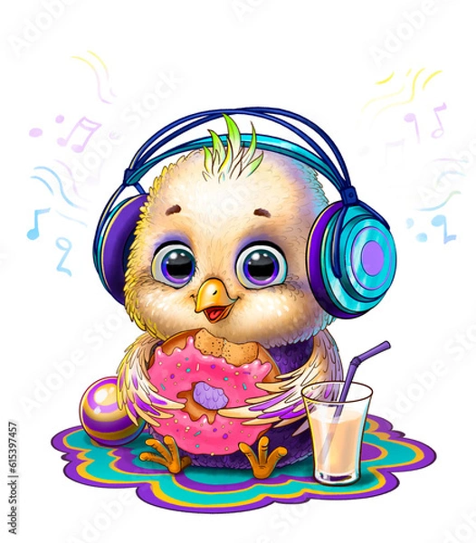Obraz small bird in headphones, sitting, isolated on a white background