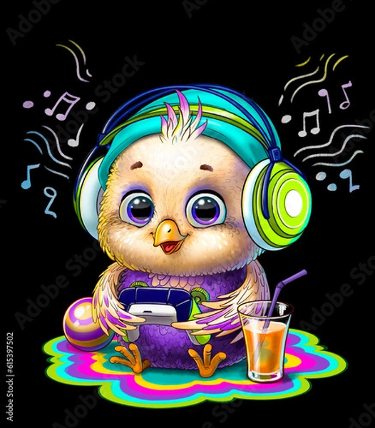 Obraz small bird in headphones, sitting, isolated on a black background