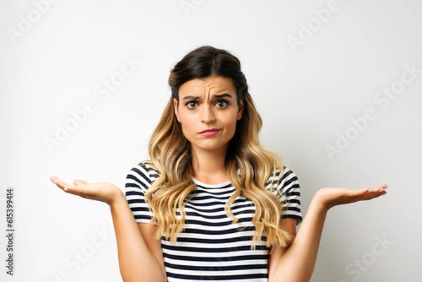 Obraz confused young woman making scale balance with hands, decision making 