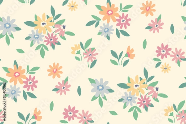 Fototapeta Seamless floral pattern, liberty ditsy with mini daisies in pastel colors. Pretty botanical design for fabric, paper: small hand drawn flowers, tiny leaves on a light background. Vector illustration.