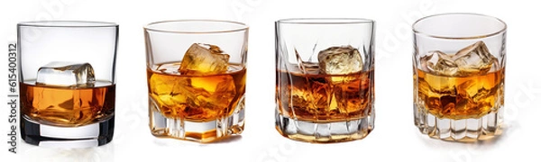 Fototapeta Set of glass of whiskey or whisky or american Kentucky bourbon with its reflection on the plane. isolated on transparent