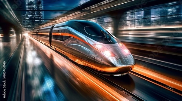 Fototapeta Captivating High-Speed Train in Motion, Showcasing Sleek Design and Advanced Propulsion Technology, Blurred Background