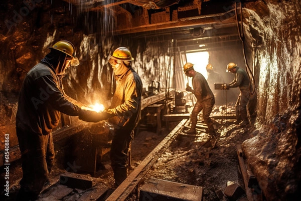Obraz Miners work in a mine. Hard mining work underground.