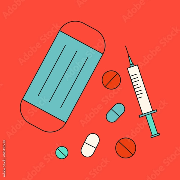 Obraz Medicine, pills, syringe, tablets, mask, vector illustration.
