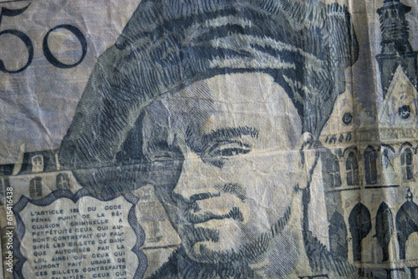 Fototapeta Closeup of vintage bank note of fifty francs