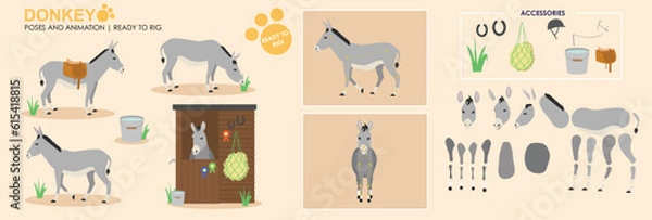 Obraz Grey Donkey vector collection ready to animate and rig. Multiple poses and angles, farm animals, walking, grazing, stable.