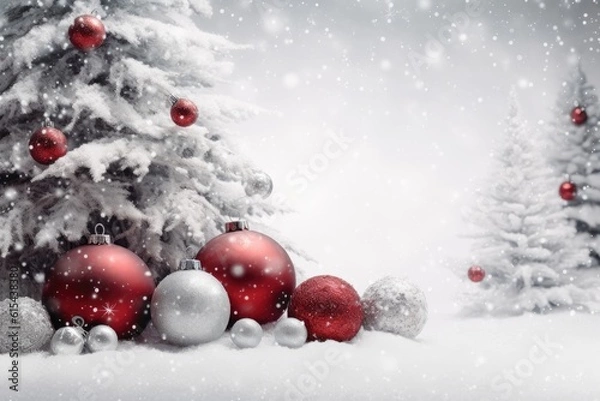 Fototapeta a christmas tree with white snow and decorations, with red and silver balls. Merry Christmas and Happy Holidays greeting card, frame, banner. New Year. Winter xmas holiday theme. Generative AI