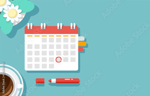 Fototapeta Top view Red pen marks the date, holiday, priority, important, reminder day on calendar concept Vector illustration flat design for banner, poster, and background.