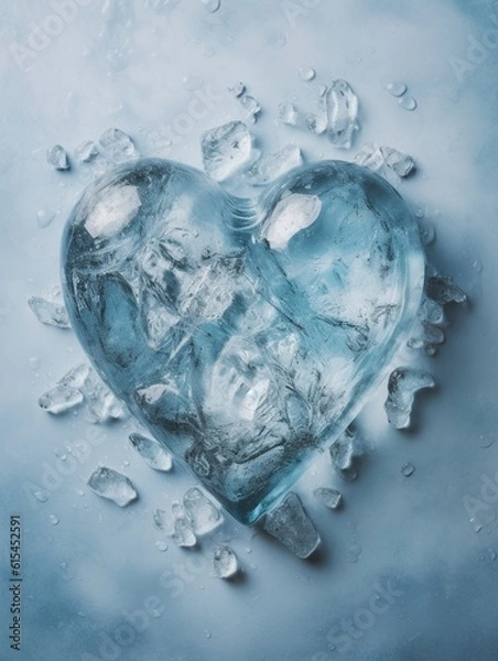 Fototapeta Transparent crystal ice heart shape on the blue simple minimalist surface. Flat lay. Generative Ai