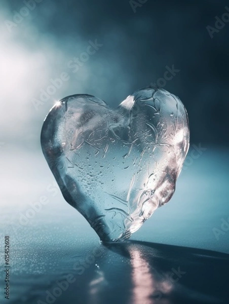 Fototapeta Melting ice heart with a simple minimalist blue background.Generative Ai