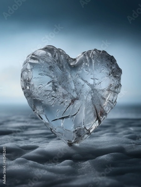 Fototapeta Frozen ice heart with a simple minimalist blue background.Generative Ai