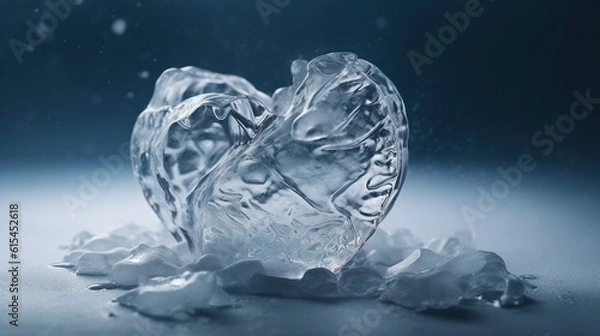 Fototapeta Transparent crushed ice heart shape with a simple minimalist blue background.Generative Ai