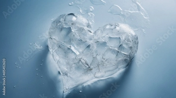 Fototapeta Crushed ice heart shape with a simple minimalist blue background.Generative Ai