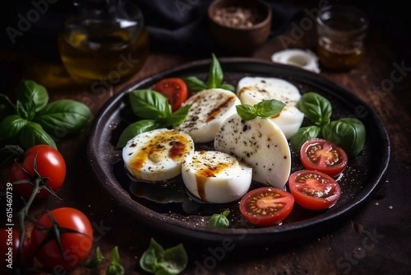 Fototapeta Caprese salad with juicy tomatoes and olive oil on a plate on a dark background. Generative AI