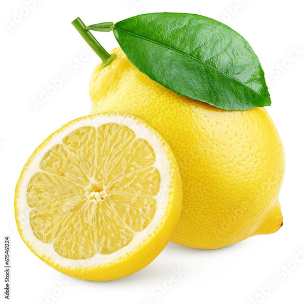 Obraz Ripe yellow lemon citrus fruit with green leaf and half isolated on transparent background. Full depth of field.