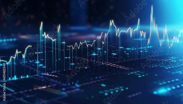 Fototapeta Panoramic abstract backdrop with stock market growth/down, digital financial chart graphs and indicators. Generative AI