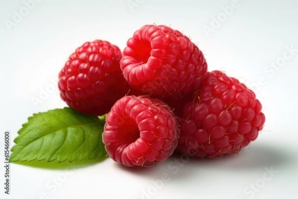 Fototapeta Ripe raspberries with green leaves on a white background ,Generative AI