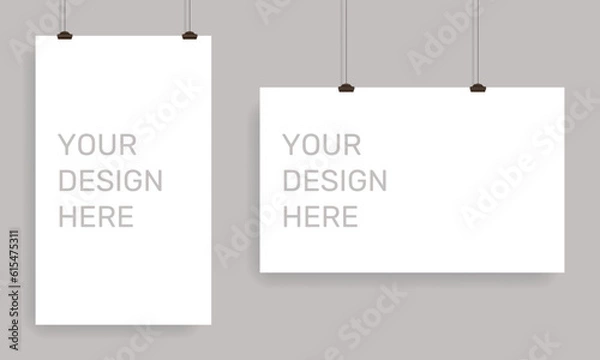 Fototapeta Two asymmetrical paper sheet frames on cracked and wall background. Realistic blank paper sheets hanging on binder clip. White poster with shadow. Design template, mockup. Isolated vector illustration