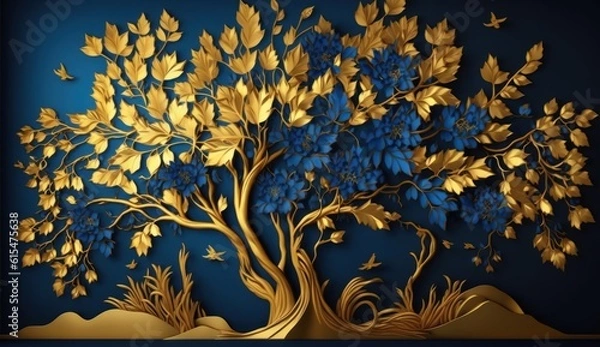 Fototapeta Elegant gold and royal blue floral tree with seamless leaves and flowers hanging branches