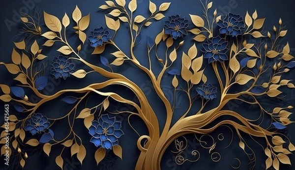 Fototapeta Elegant gold and royal blue floral tree with seamless leaves and flowers hanging branches