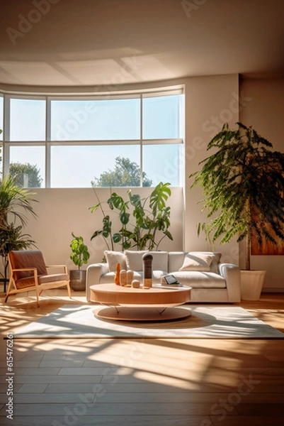 Fototapeta Architectural photography of a modern living room, the sun shines through the window, professional color grading, soft shadows, no contrast, clean sharp focus, film photography. AI generative