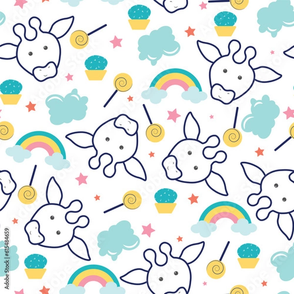 Fototapeta Vector cute kawaii doodle animal collection cartoon seamless pattern set background