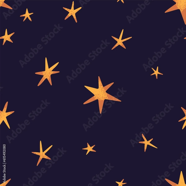 Fototapeta Shining stars, seamless pattern. Starry endless background, repeating print for decoration. Night sky with glowing sparkles texture design. Flat vector illustration for wallpaper, package, fabric