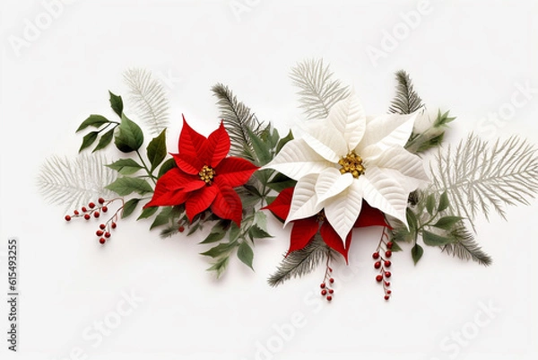 Fototapeta Fir tree twigs and poinsettia flowers edges on simple background with copy space. Generative ai