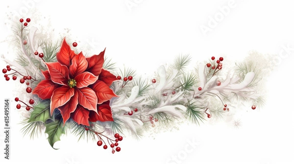Fototapeta Fir tree twigs and poinsettia flowers edges on simple background with copy space. Generative ai