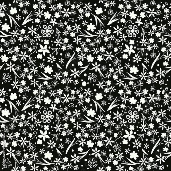 Fototapeta Trendy seamless floral textile print. Aerial flora pattern. Black seamless background. Vector, hand drawing