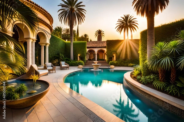 Fototapeta swimming pool classic style, blue water pool dotted with palm trees on the side
