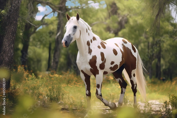 Fototapeta American Paint Horse - United States - Known for their colorful coat patterns, Paint Horses are versatile and excel in both Western and English disciplines (Generative AI)