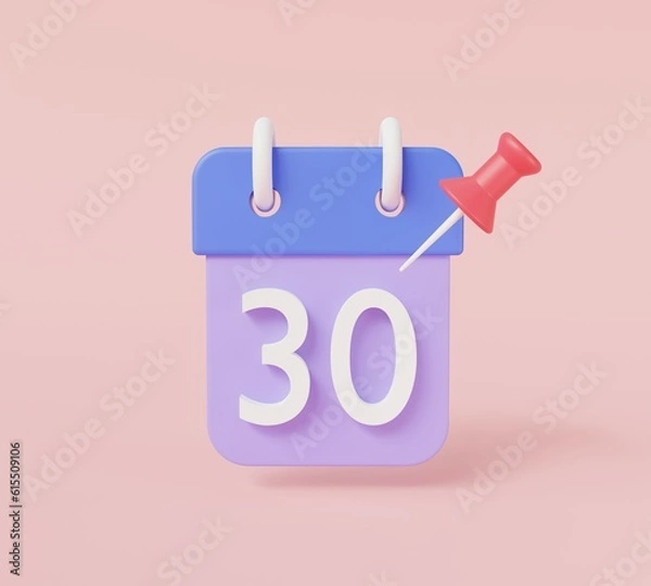 Fototapeta Calendar date icon with number 30th day of the month and Red pinned or Thumbtacks on a calendar.3D rendering,illustration.