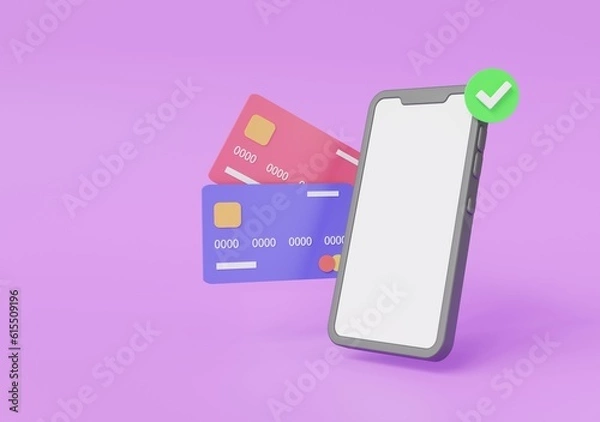 Obraz 3D mobile credit card on purple background.Mobile wallet on smartphone.Payment online shopping,business and finance.Smartphone money transfer online concept,Mobile banking,phone.3d render,illustration