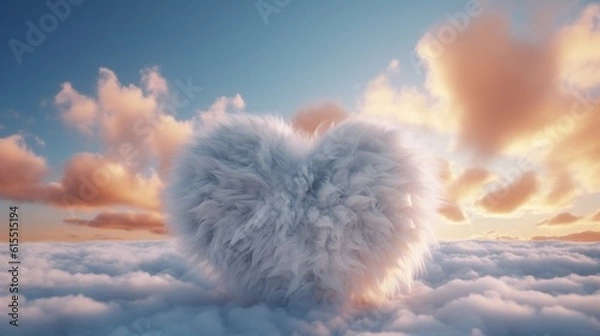 Fototapeta Soft white heart floating in the sky among clouds. Generative Ai.